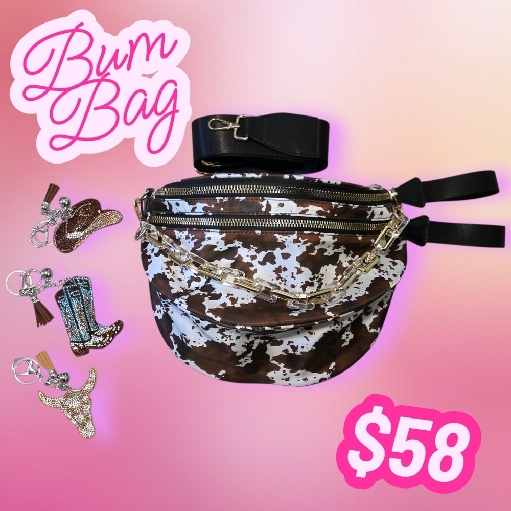Bum Bag Bundle Deal | Cowhide Nylon Crossbody + Acrylic Chain & 3 Bag Charms